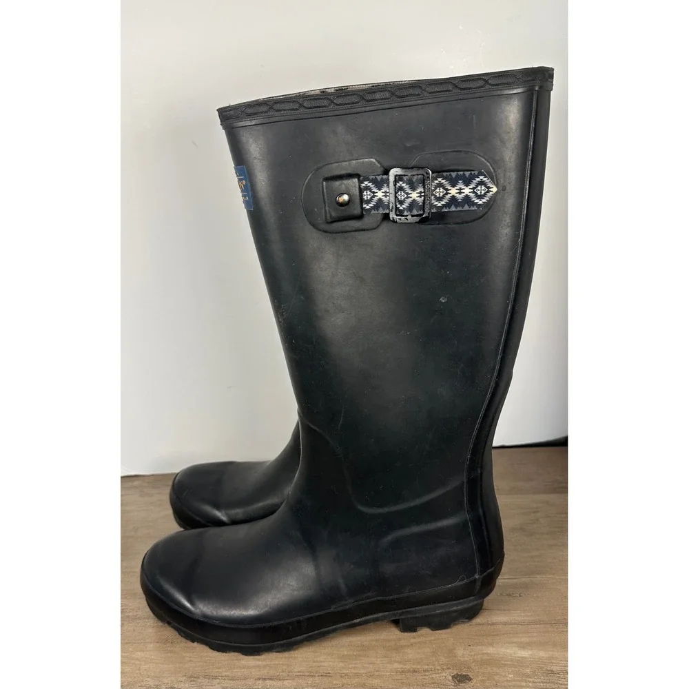 Pendleton Womens 10 Tall Black Rubber Rain Boots Geometric Buckle‎ Waterproof